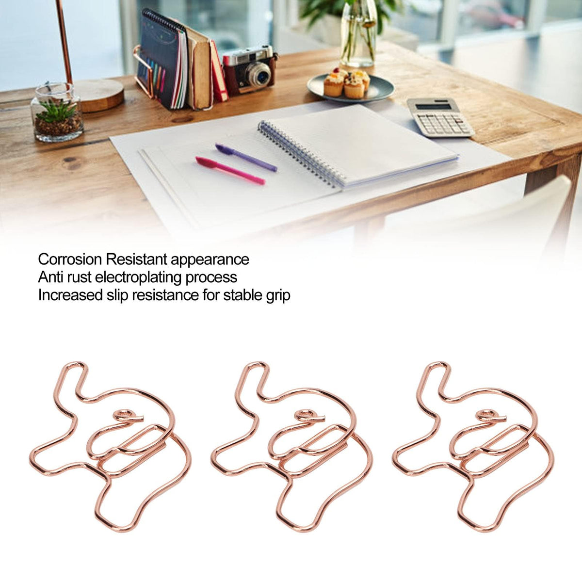 100PCS Rose Gold Cute Paper Clips, Smooth Steel Wire Paperclips Elephant Shaped Paper Clips Decorative Paperclips for Office School Supplies