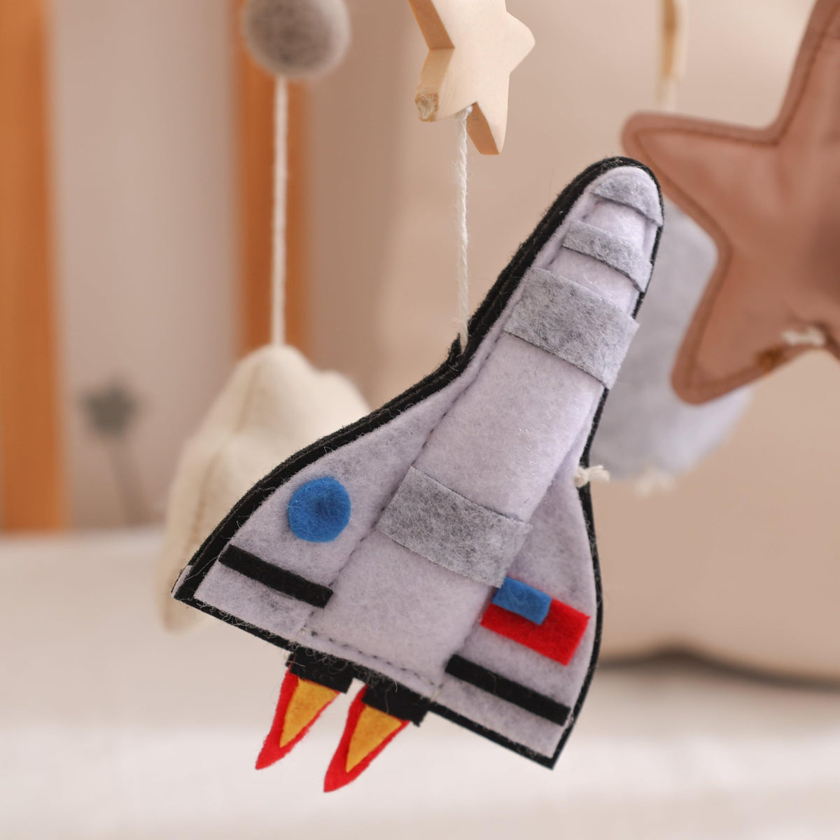 Baby Mobile for Crib – Handmade Space Baby Crib Mobile with Astronaut, Rocket & Planets, Nursery Mobiles Felt & Leather Hanging Toy with Beech Wood Ring, Mobile for Crib Bassinet Decor
