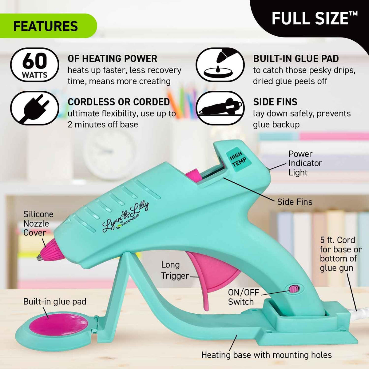 Surebonder Lynn Lilly Edition Cordless/Corded Full Size Hot Glue Gun Kit with All Purpose Hot Glue Roll and Tough High Strength Glue Sticks - Blue