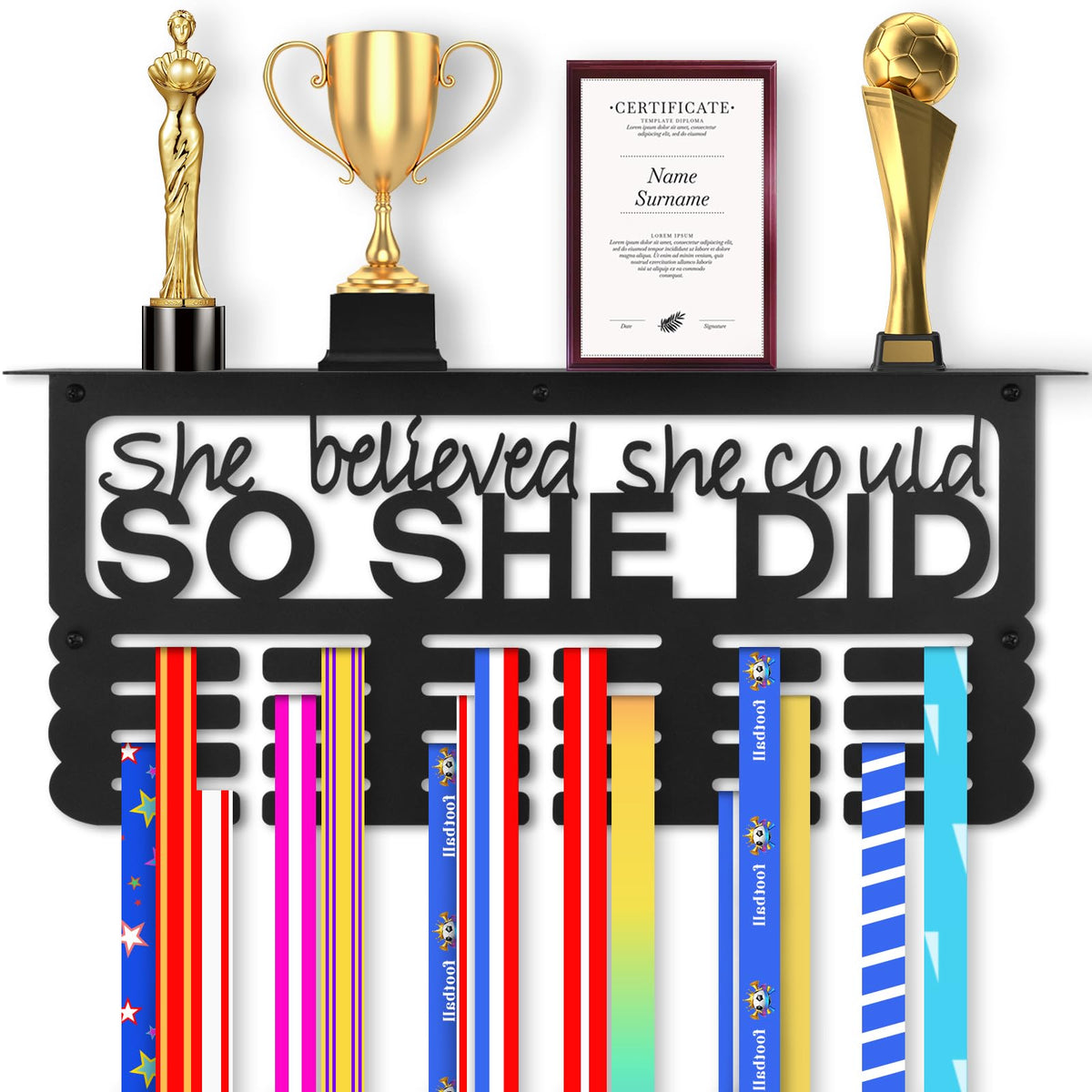 Takytao Medal Hanger Display with Trophy Shelf, Upgraded Sports Medal Holder Trophy Display Shelf Ribbon Holder Simple Wall Hanger (SHE BELIEVED SHE COULD SO SHE DID)