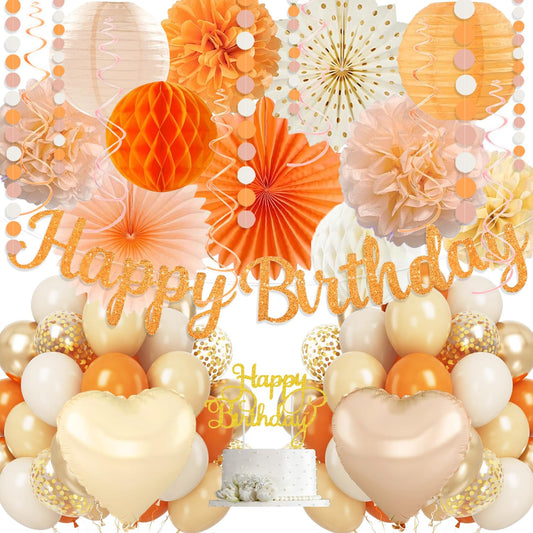 Orange-Peach Fall Boho Birthday Party Decorations - 62pcs Happy Birthday Banner, Beige Rustic Paper Lanterns, Streamers, Tissue Pom Poms, Burnt Orange Apricot Party Balloons, Fall Backdrop Decor