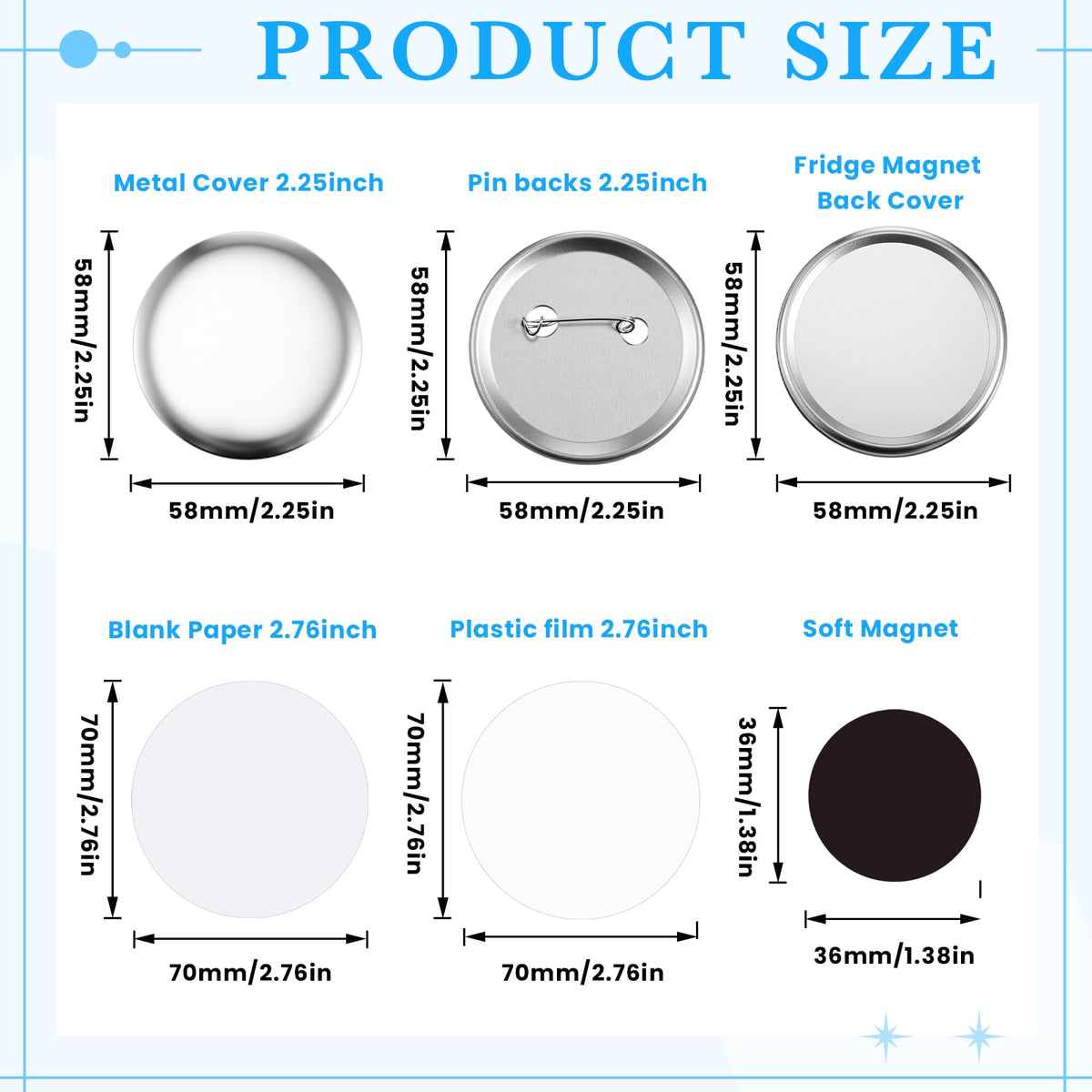 Wavwavw 100 Sets 58mm/2.25 Inch Round Button Maker Supplies, 50 Pcs Blank Fridge Magnet Badge Parts and 50 Pcs Pin-Back Badge Parts Press for Square Button Maker Machine, DIY Gift Crafts