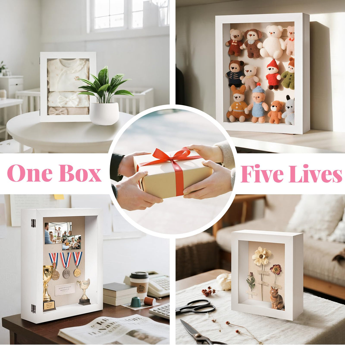 HOUSE DAY Shadow Box Frame 8x10, Front Open Magnetic Shadow Boxes Display Cases with Linen Back, Pins, for Photos or 3D Itmes Under 6x8, Tabletop or Wall Mount Display Case for Memorabilia, White