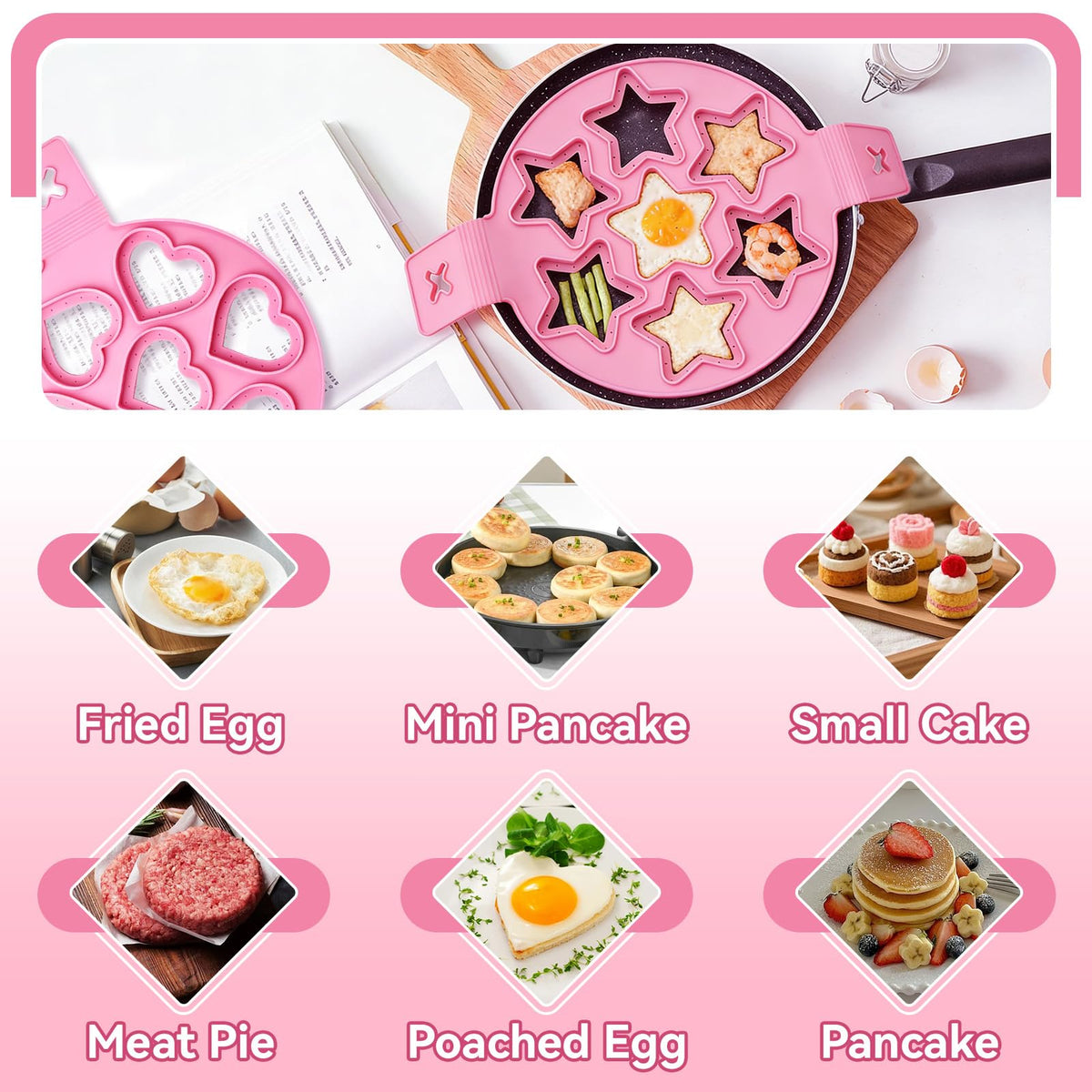 2PCS Pancake Maker Mold, 7 Cavity Star/Heart Shape Nonstick Reusable Silicone Egg Mold Ring with Handle Kitchen Cooking Baking Tools for Muffin Fried Egg Burger