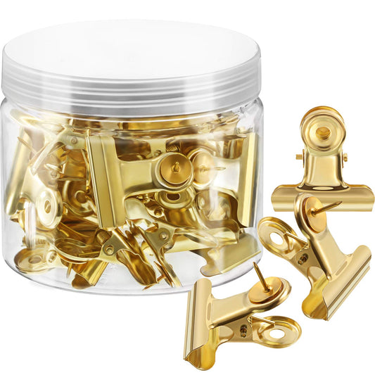 Outus 30 Pieces Push Pins Clips Thumb Tacks with Clips Cork Board Tacks for School Artworks Projects on Cork Photos Documents on Bulletin Board No Holes for The Paper(Gold)