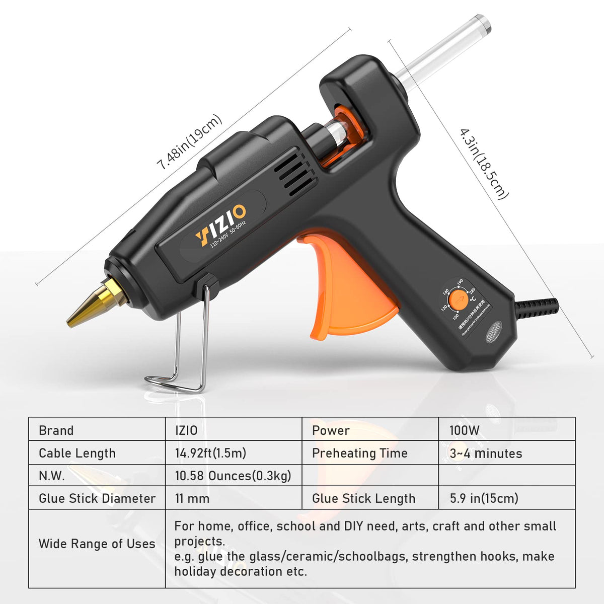 IZIO Full Size Hot Glue Gun and Sticks Set, 100-220W Adjustable Temperature, Fast Preheating Heavy Duty Industrial Gluegun, 30 Hot Glue Sticks For Crafting, Diy and Repairs (Black)