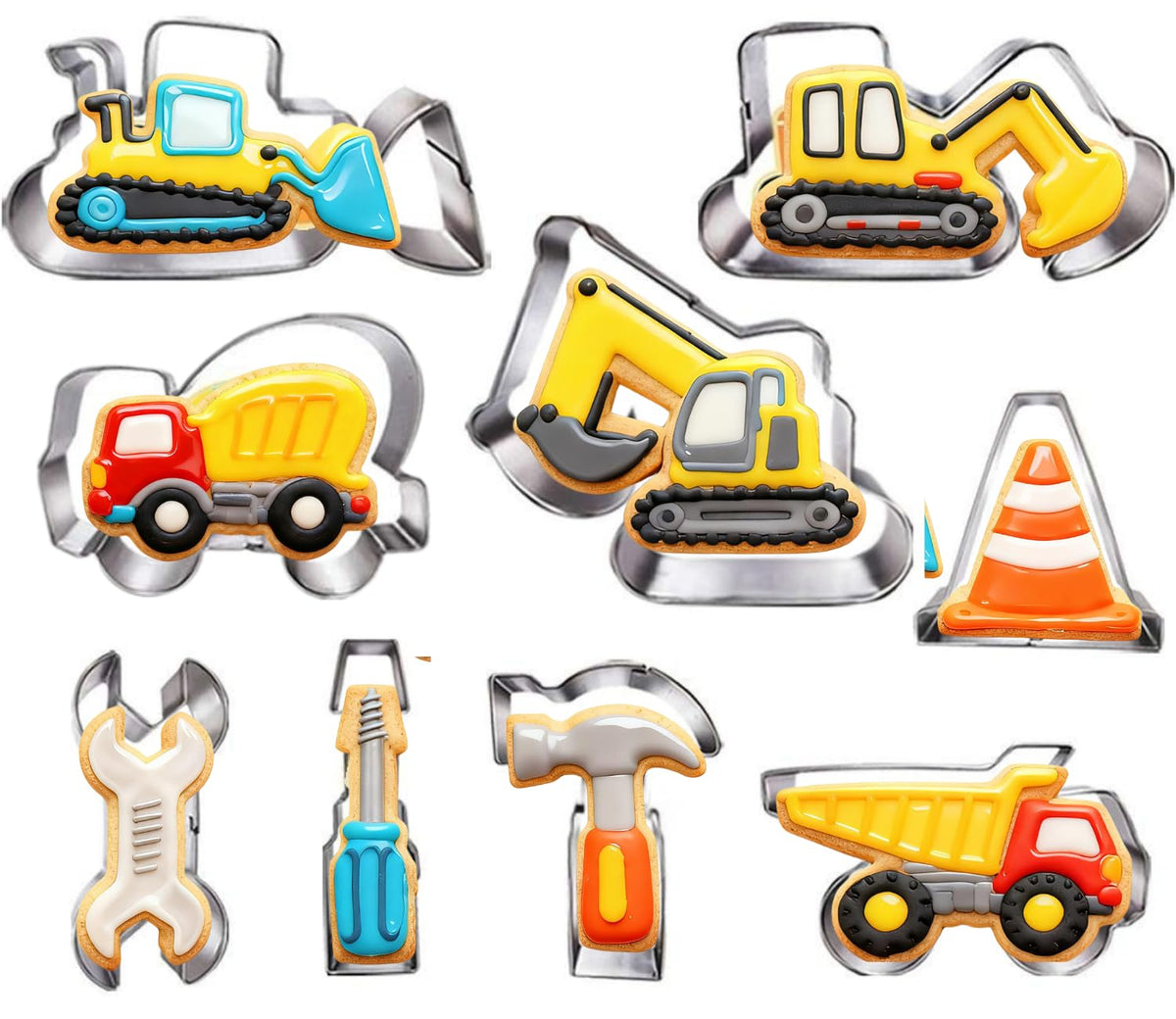 Construction Cookie Cutter Set-3 Inches-9 Piece- Excavator Digger Bulldozer Dump Truck Hammer Wrench Construction Tools Cutters Molds for Kids Construction Themed Party