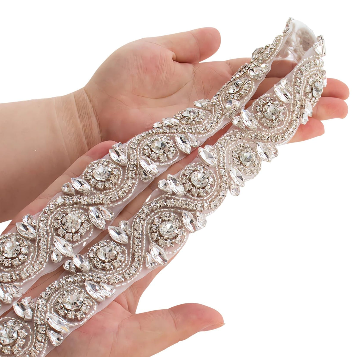 ShiDianYi Wedding Rhinestones Pearls Trim, 1 Yard Long Silver Rhinetones for Dress, Bridal Applique, Crystal Beaded Applique