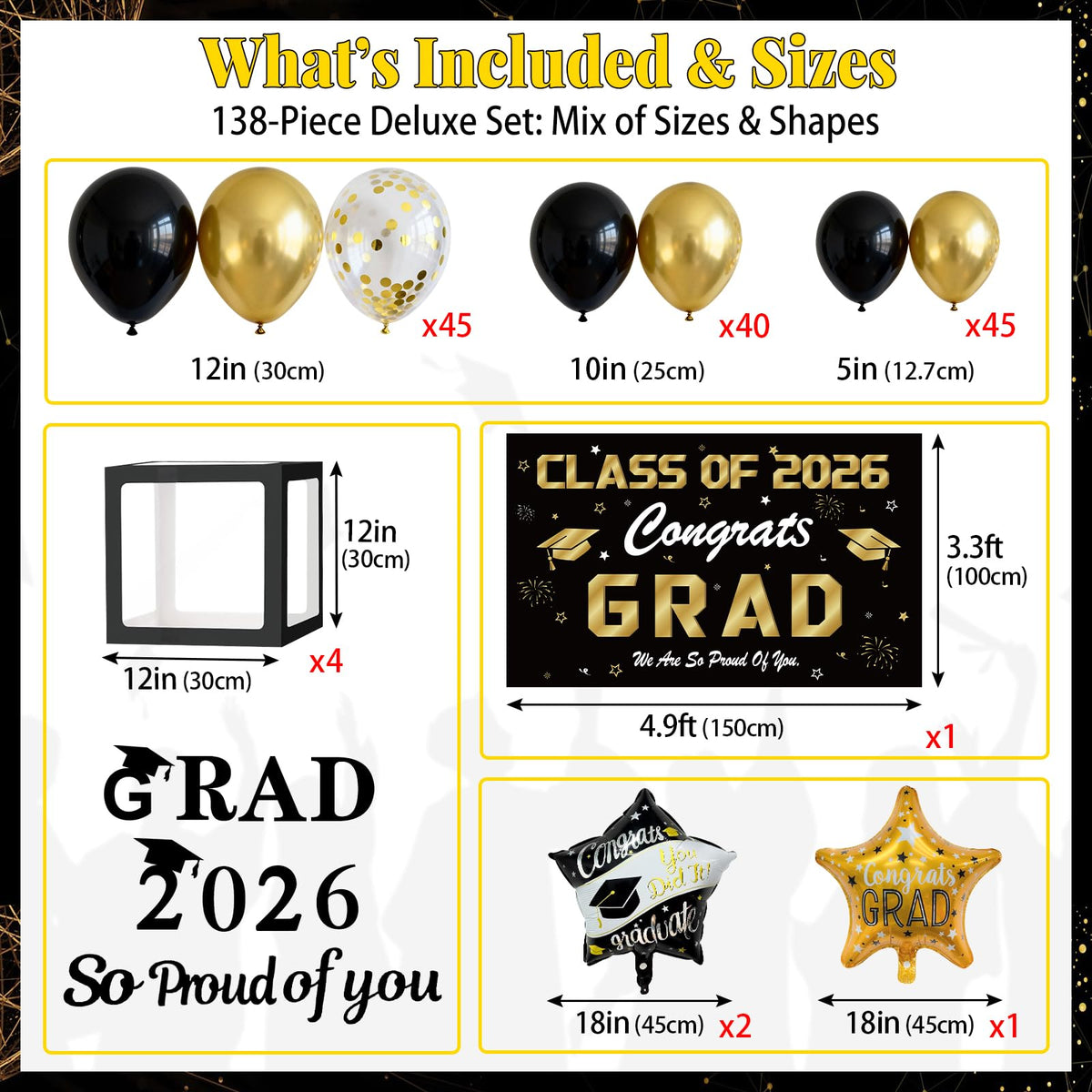 Black and Gold Graduation Decorations 2026, 138 Pcs Graduation Balloon Arch Kit with 4 Grad Boxes, 2026 Graduation Backdrop, Foil Balloons & Congrats Grad Party Decor