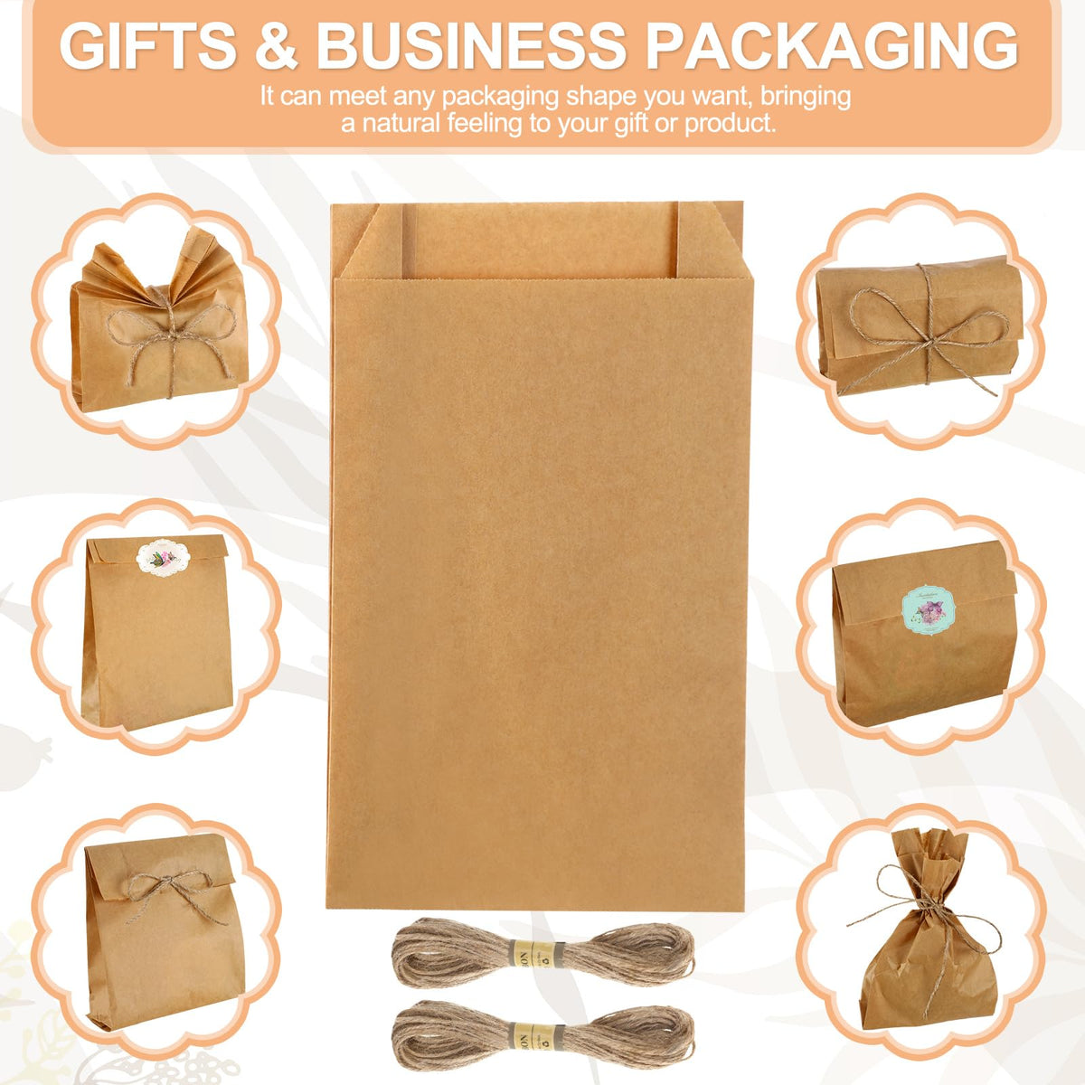 Fulmoon 100 Pieces Soap Paper Bags, 5'' x 8'' Kraft Paper Bags for Packaging Soap Making Wrappers with 394 In Jute Ropes for Candy Lipstick Gift Crafts Merchandise Wedding Gift Wrapping (Solid Color)
