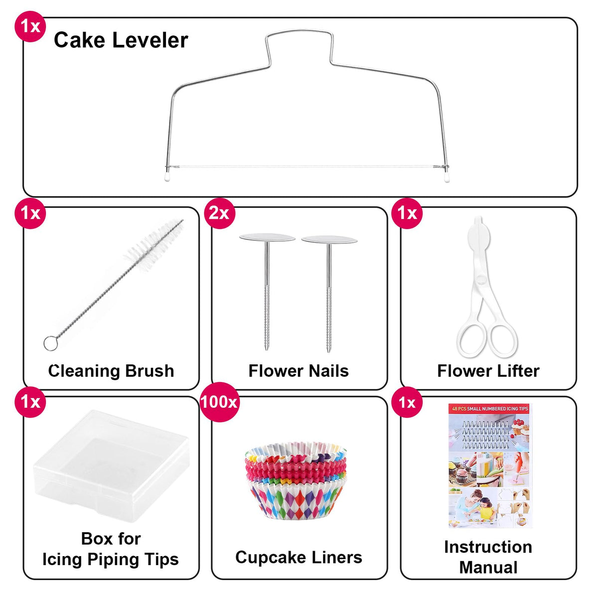 Gymdin 222 PCS Cake Decorating Kit - Includes Cake Turntable, Leveler, Piping Bags and Tips Set, 2 Frosting Spatulas, 3 Scrapers, 100 Cupcake Liners, Booklet and more Decorating Supplies
