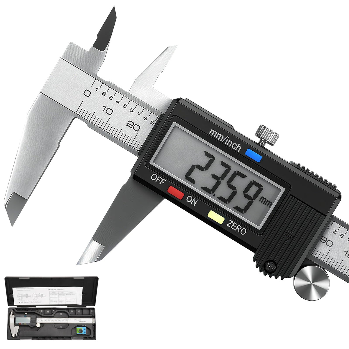 Caliper Measuring Tool, Qfun Vernier Digital Caliper Stainless Steel 6 Inch/150mm, Digital Micrometer Waterproof, Easy Switch from Inch to Millimeter, Large LCD Screen