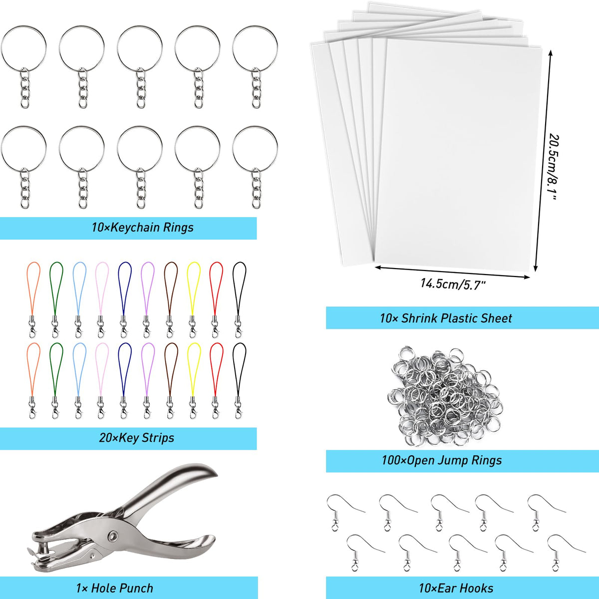ASTARON 168Pcs Shrinking Plastic Sheets Kit Includes 15 Shrinking Film Art Paper, Hole Punch, 140 Pcs Shrinkles Keychain Jewelry Making Accessories for Kids Craft Supplies