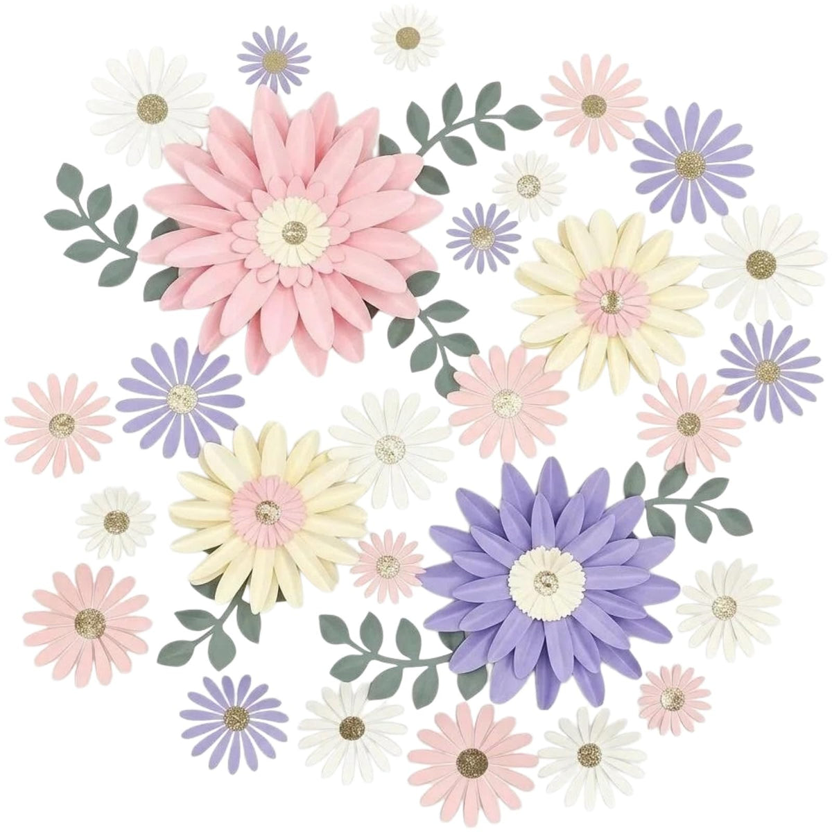 34pcs 3D Paper Flowers Wall Decor Set - Neutral Daisy with Green Leaves, Boho Cream White Peach Backdrop for Nursery, Baby Shower, Home Warming & Classroom Decor (Lilac & Blush)