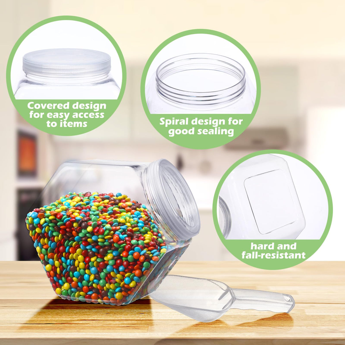4 Pcs 122 oz Plastic Candy Jar with Lids and Scoops Hexagon Cookie Jars Clear Reusable Containers for Kitchen Counter Candy Bar for Cookies, Pets Treats, Laundry Pod, Craft Supplies Display Storage