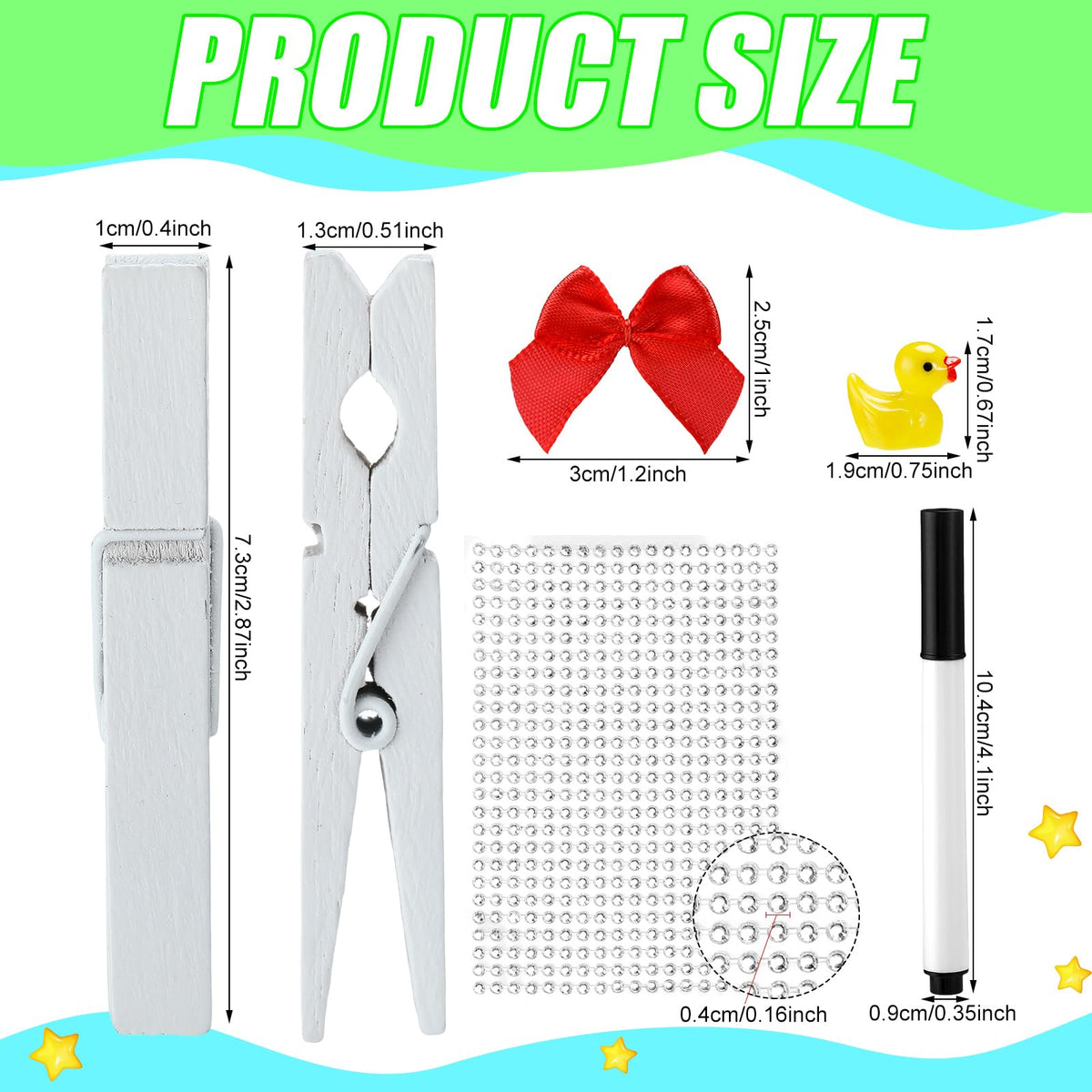 Dingion 60 Set Cheer Pins Spirit Clips Include 60 Wooden Clothes Pin Resin Ducks Bows Self Adhesive Glitter Sticker Pen Glue Ribbon for DIY Cheer Accessory Schoolbag Decor Team Craft Gift(White)