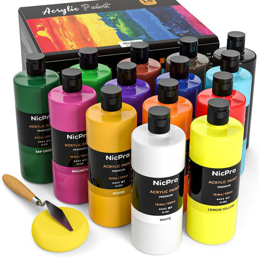 Nicpro 14 Colors Large Bulk Acrylic Paint Set (16.9 oz,500 ml) Rich Art Painting Supplies, Non Toxic for Multi Surface Rock Canvas Wood Ceramic Leather Fabric Craft, for Adult with Color Wheel