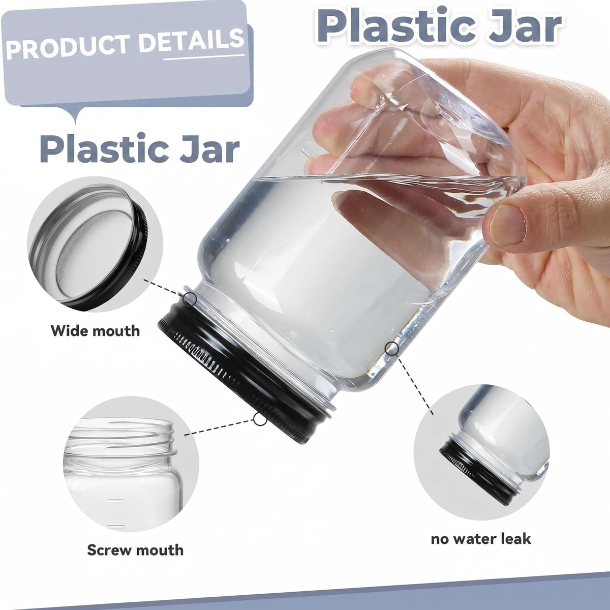 novelinks 16 oz Clear Plastic Jars with Lids, Refillable 16oz Mason Jars with Lids & Storage Containers for Kitchen & Household Use (24 Pack,Black)