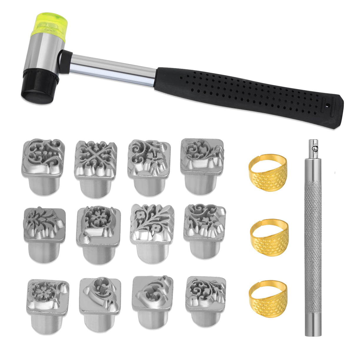 Leather Craft Stamping Tools, Leather Stamping Kit with 12 Tangcao Patterns Stamp and Punch Tools and 25mm Hammer and 3 thimbles for Craft Stamps