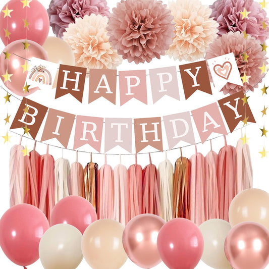 Birthday Decorations for Women, Retro Blush Pink Party Balloons Boho Happy Birthday Banner Paper Pompoms Tassel Garland, Neutral Rustic Birthday Party Décor Supplies Girls Boys Adults