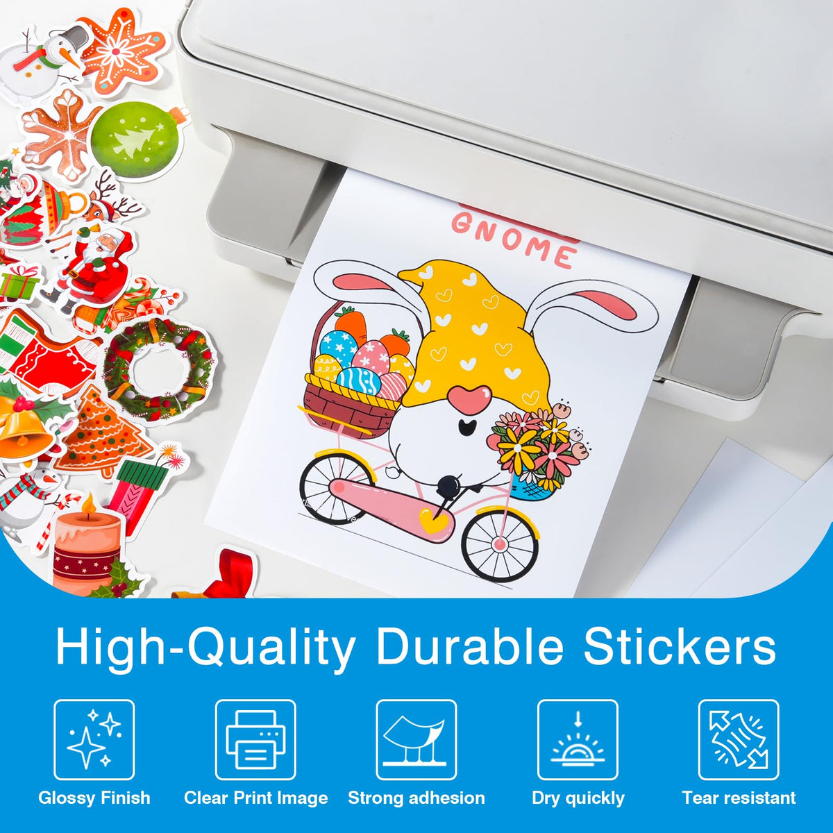 QYH Printable Vinyl Sticker Paper for Inkjet Printer - 110 Sheets Glossy White Waterproof Self-Adhesive Sticker Paper, 8.5"x11" Letter Size for Custom Decals, Labels & Crafts