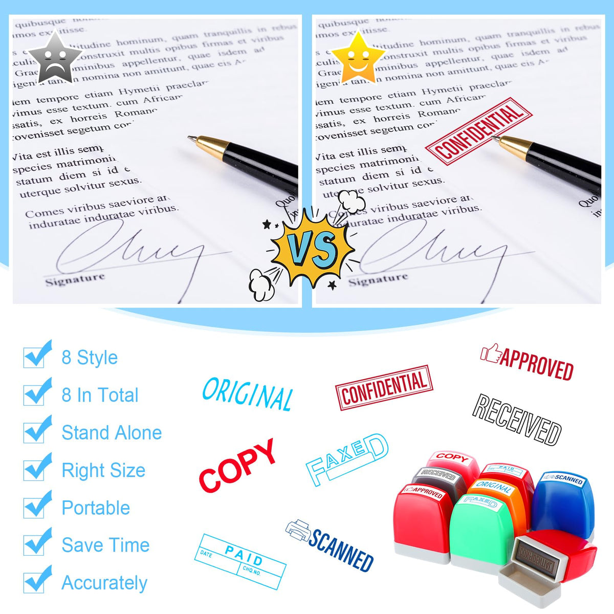 Crtiin 8 Pcs Office Stamp Set - Approved, Paid, Copy, Faxed, Scanned, Confidential, Received, Original - Self Inking Rubber Stamps Plastic, Rectangular for Business(Style 1,Mixed Colors)