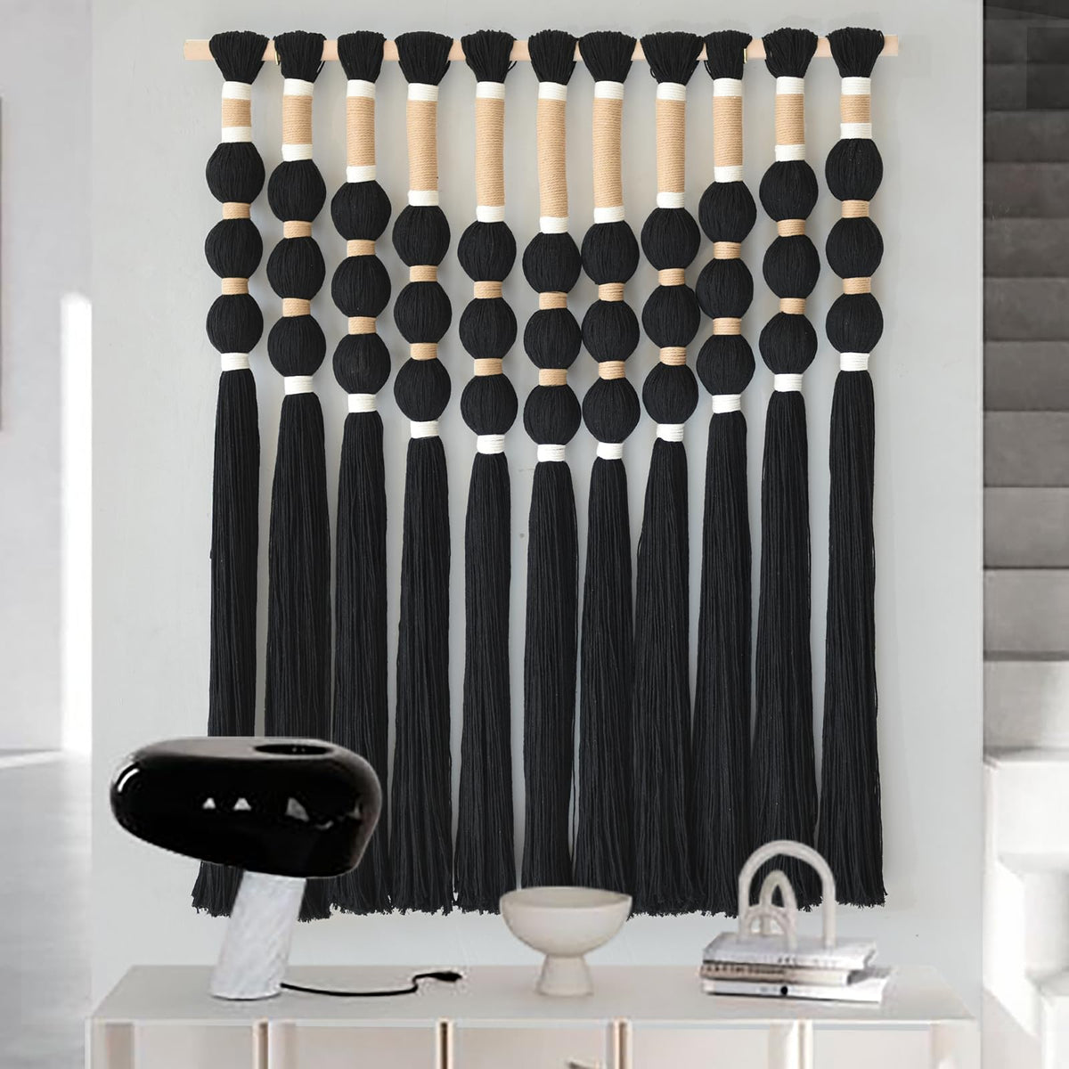 Macrame Wall Hanging Boho Wall Decor Black Fiber Yarn Wall Art Handmade Cotton Spherical Knot for Living Room Bedroom Nursery Office Home Decor27" W x 33" L