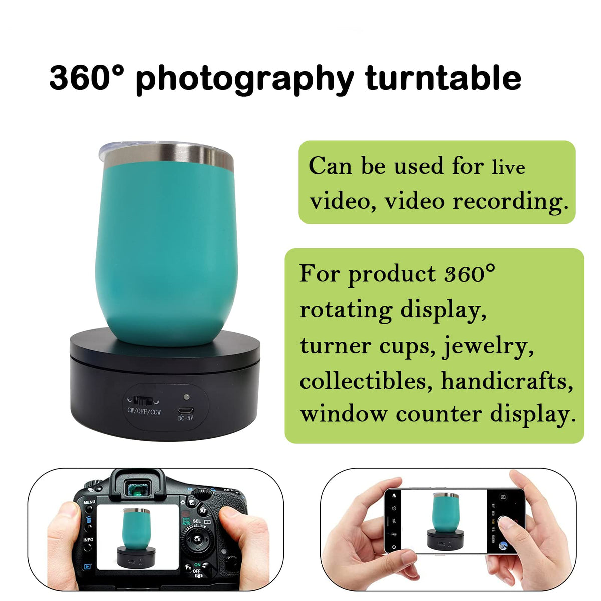 YVV Motorized Rotating Display Stand,Turner Cup Platform for Epoxy Glitter Tumbler, 360 Automatic Mute Rotating Turntable, Tumbler Making Supplies Spinner, Base for Product Video Show ,Balck 4.72in
