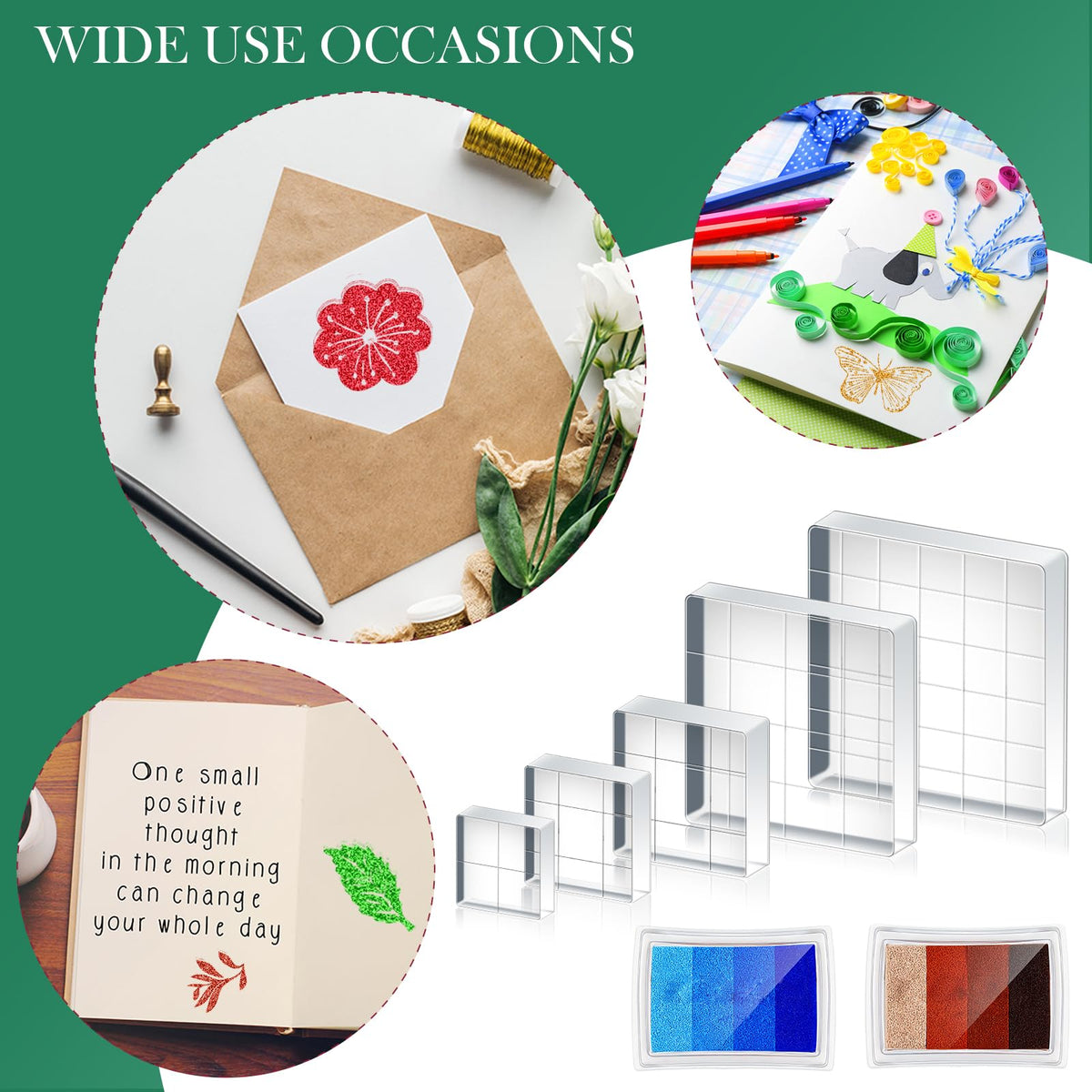 Zonon 22 Pieces Acrylic Stamp Blocks Tools Set Include 6 Clear Stamp Blocks, 4 Transparent Silicone Seals, 12 Craft Ink Pad for Scrapbooking Card Making