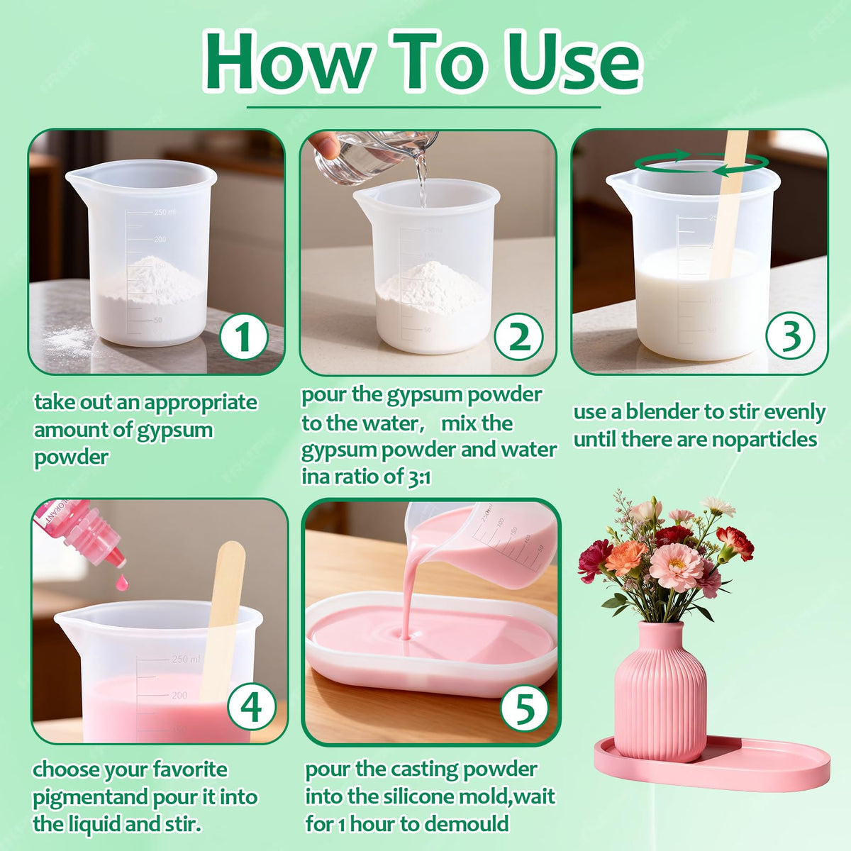 Resin Casting Powder, Water-Based Resin Powder Formula, Fast Cured Casting Resin Kit for Beginne with 4 Pcs Resin Pigment, Vase and Base Silicone Molds, Silicone Measuring Cup, Stirring Rod