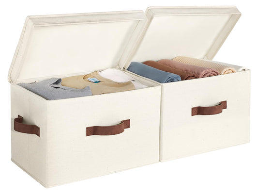 StorageWorks Fabric Storage Bins with Lid, Decorative Storage Boxes for Shelves, Stackable Closet Organizer Basket with Handles, Large, Ivory White, 2-Pack