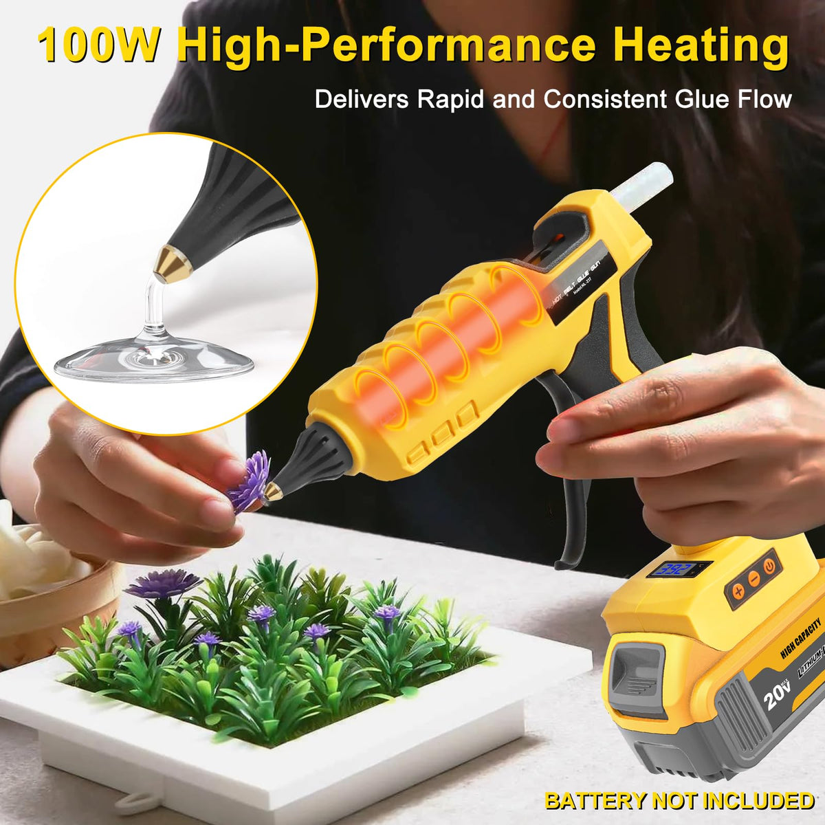 Cordless & Corded 2-in-1 Hot Glue Gun Compatible with Dewalt 20V Battery, 100W Digital LED Temp Adjustable Anti-drip Full Size Glue Gun with 1 replaceable nozzle & Glue Sticks (Battery Not Included)