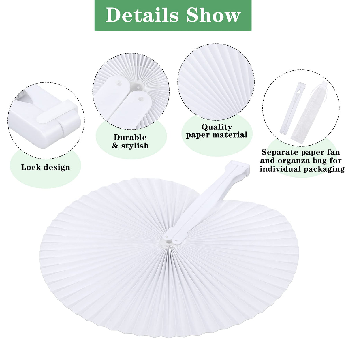 MCEAST 100 Pack Wedding Paper Fans Handheld Folding Fan White Round Shaped Folding Paper Fans Handheld Fan with Plastic Handle and Bags for Wedding Birthday Party Favors Supplies Home Decor