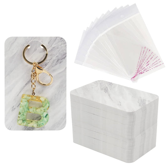 Temlum 100 Pcs Keychain Display Cards with Self-Sealing Bags, 3'' x 4.7'' Keychain Cards Holder for Display Keyring Cards Jewelry Packaging Supplies (Marble)