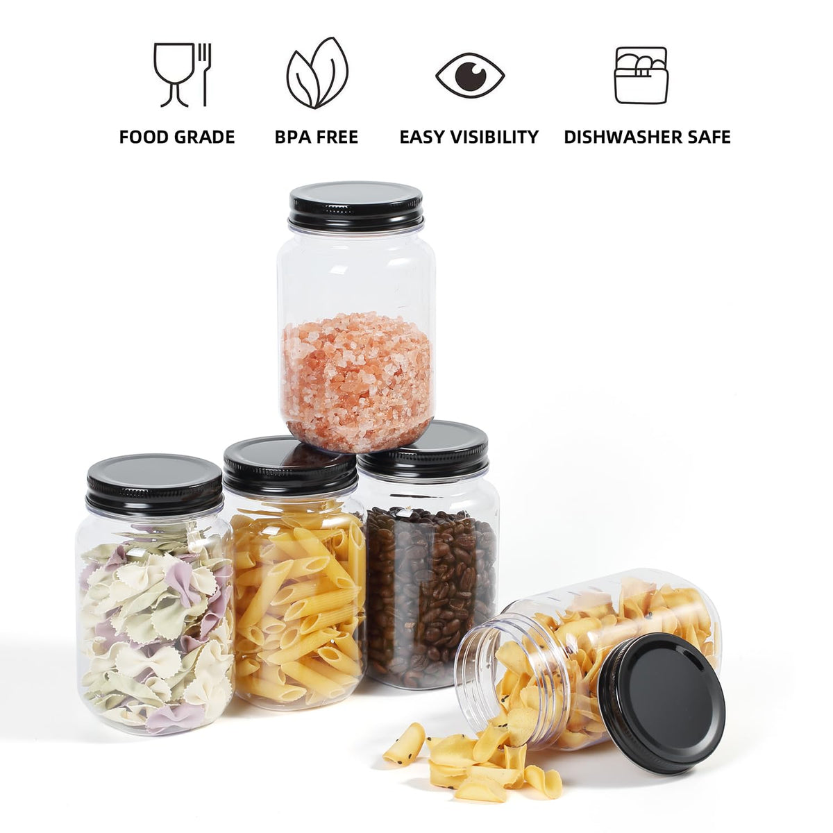OMNISAFE 16 Ounce Clear Plastic Mason Jars With Screw On Lid, Reusable Empty Jars for Food Storage, Round BPA Free Containers for Sealing, Dry Food, Snacks, Candies, Breakage-proof, (Black - 20 Pack)