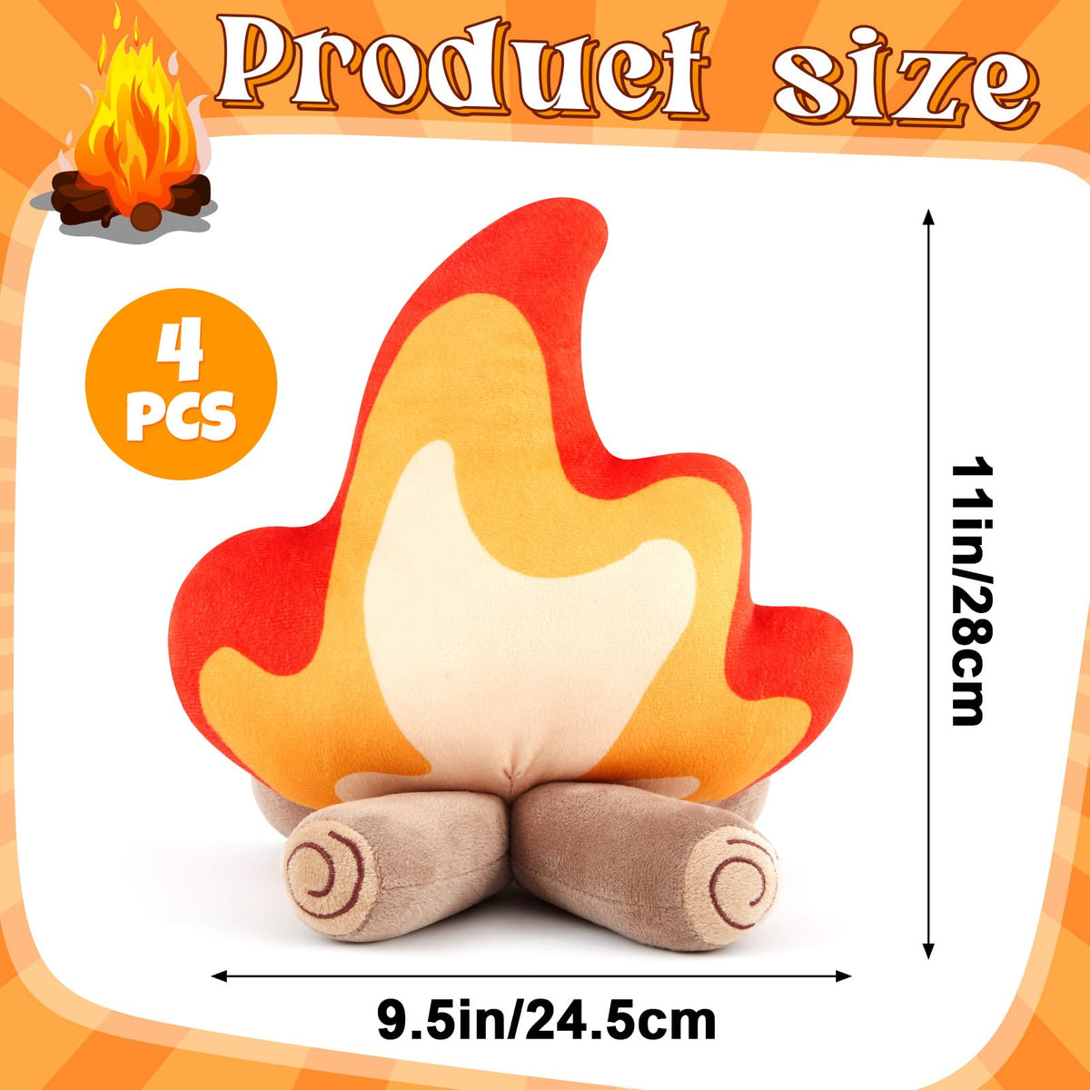 PullCrease 4 Pack Campfire Plush Toys Fake Fire Firewood Plush Pillow for Camping S'More Birthday Party Scene Setting Room Decoration and Woodland Forest Nursery Classroom Decor