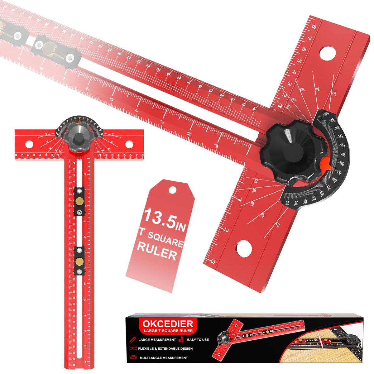 OKcedier Woodworking T Square Ruler, Precision Drilling Positioning Measuring Tools, Adjustable Aluminum Alloy Sliding 13.5 Inch T-Square Ruler with Angle Adjustment for Carpenter Work and Architect