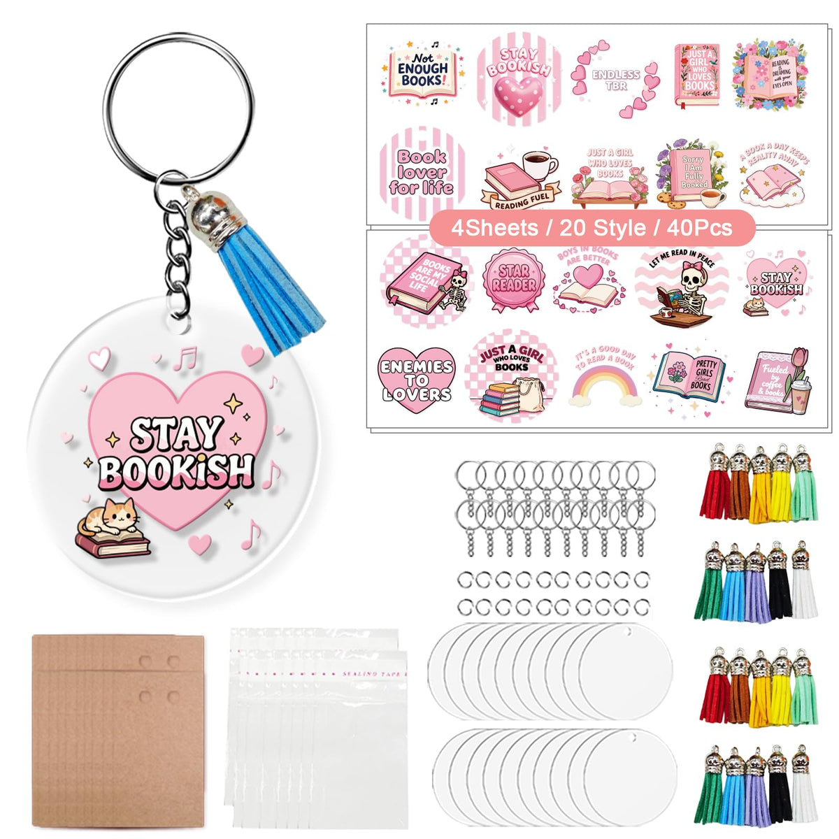 GLASSWINDS 140 PCS Acrylic Keychain Blank Set, 20 Style Double-Sided Book Theme UV DTF Stickers Discs Tassels Jump Rings, Acrylic Keychain Making Kit for DIY Crafts Vinyl Employee Appreciation Gift