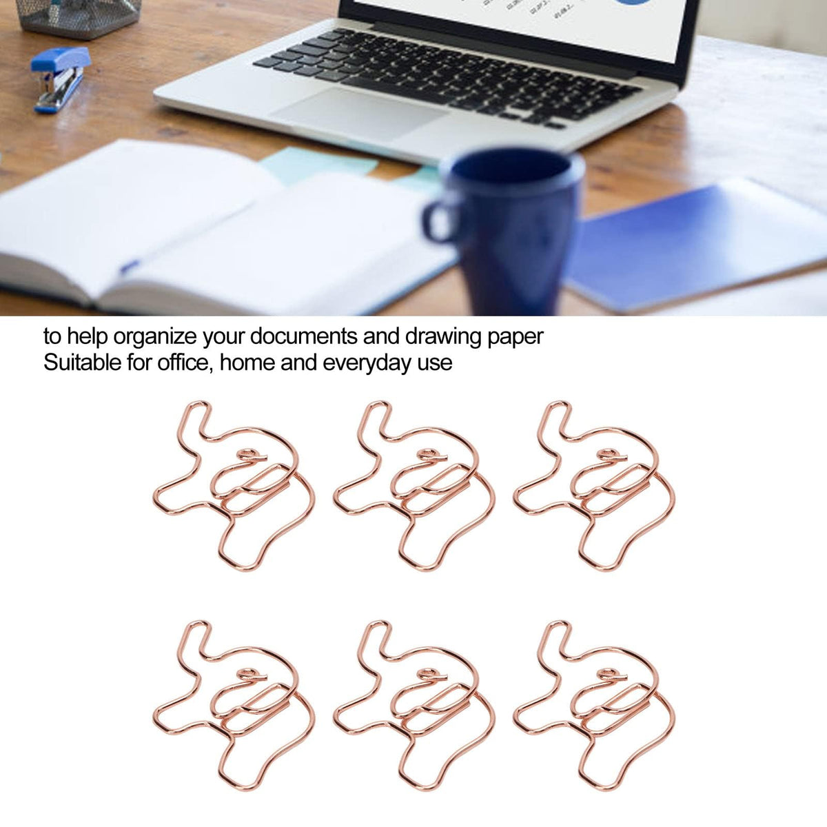 100PCS Rose Gold Cute Paper Clips, Smooth Steel Wire Paperclips Elephant Shaped Paper Clips Decorative Paperclips for Office School Supplies