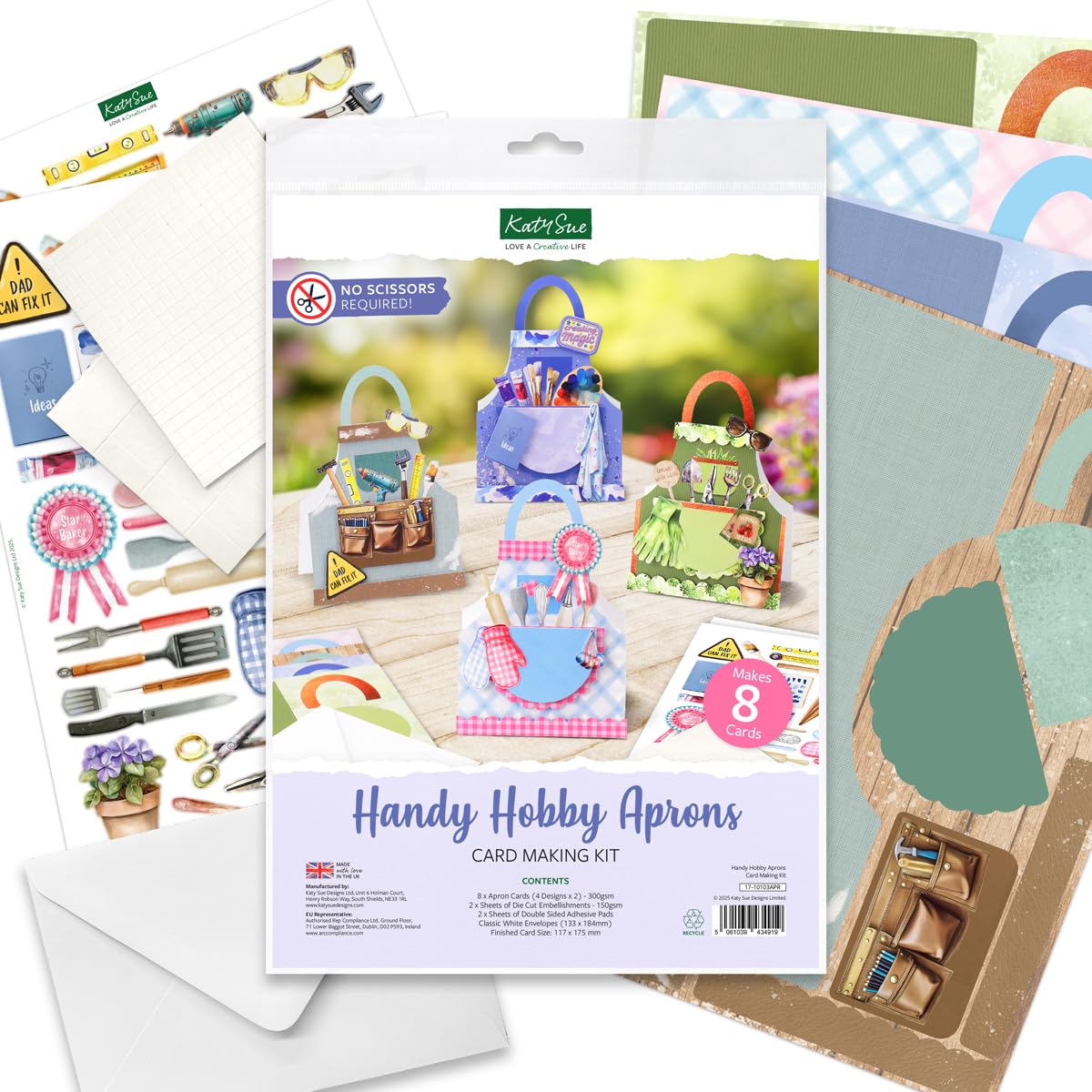 Katy Sue Handy Hobby Aprons Card Making Kit. Contains 8 Shaped Cards, 2 Sheets Die Cut Decoupage, Sticky Foam Pads, Instructions & 8 Envelopes. Apron-Themed Card Making Kits for Adults