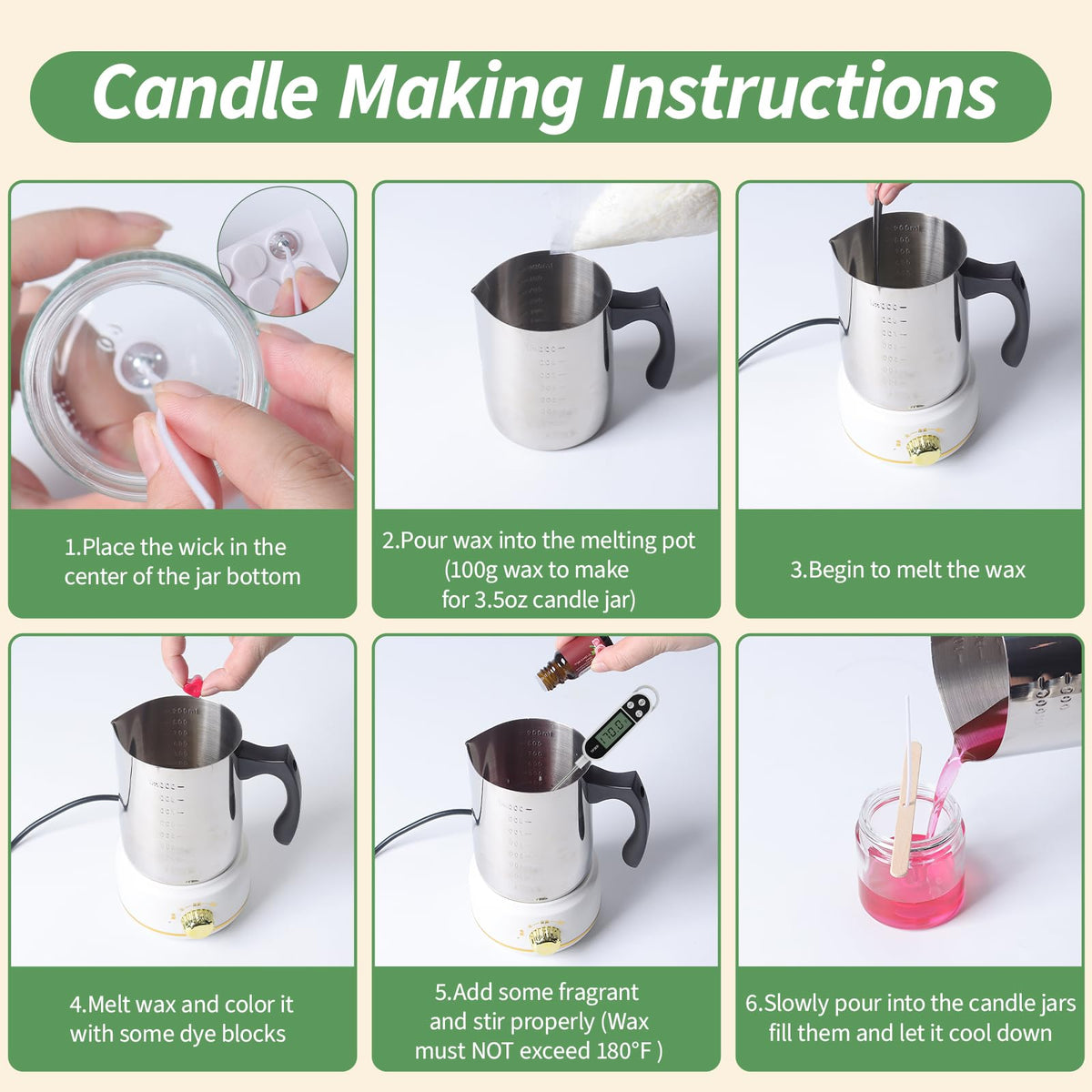 Aeraroma Candle Making Kit for Adults, Soy Candle Making Kit for Beginner - DIY Starter Candle Making Supplies with 900ml Candle Make Pouring Pot & Glass Jars, Perfect for Home Decorations