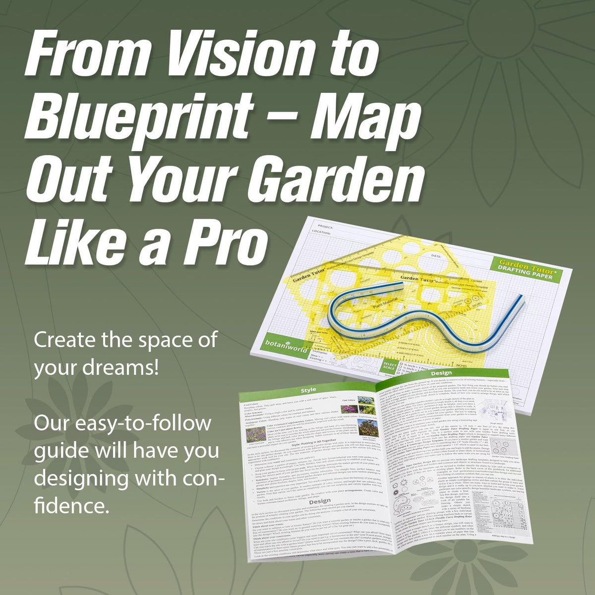 Garden Tutor Multiscale Garden & Landscape Design Kit – 2 Translucent Yellow Design Stencils, 12-Inch Flexible Curve Ruler, 40-Sheet Multi-Scale Graph Paper & Garden Design Guide