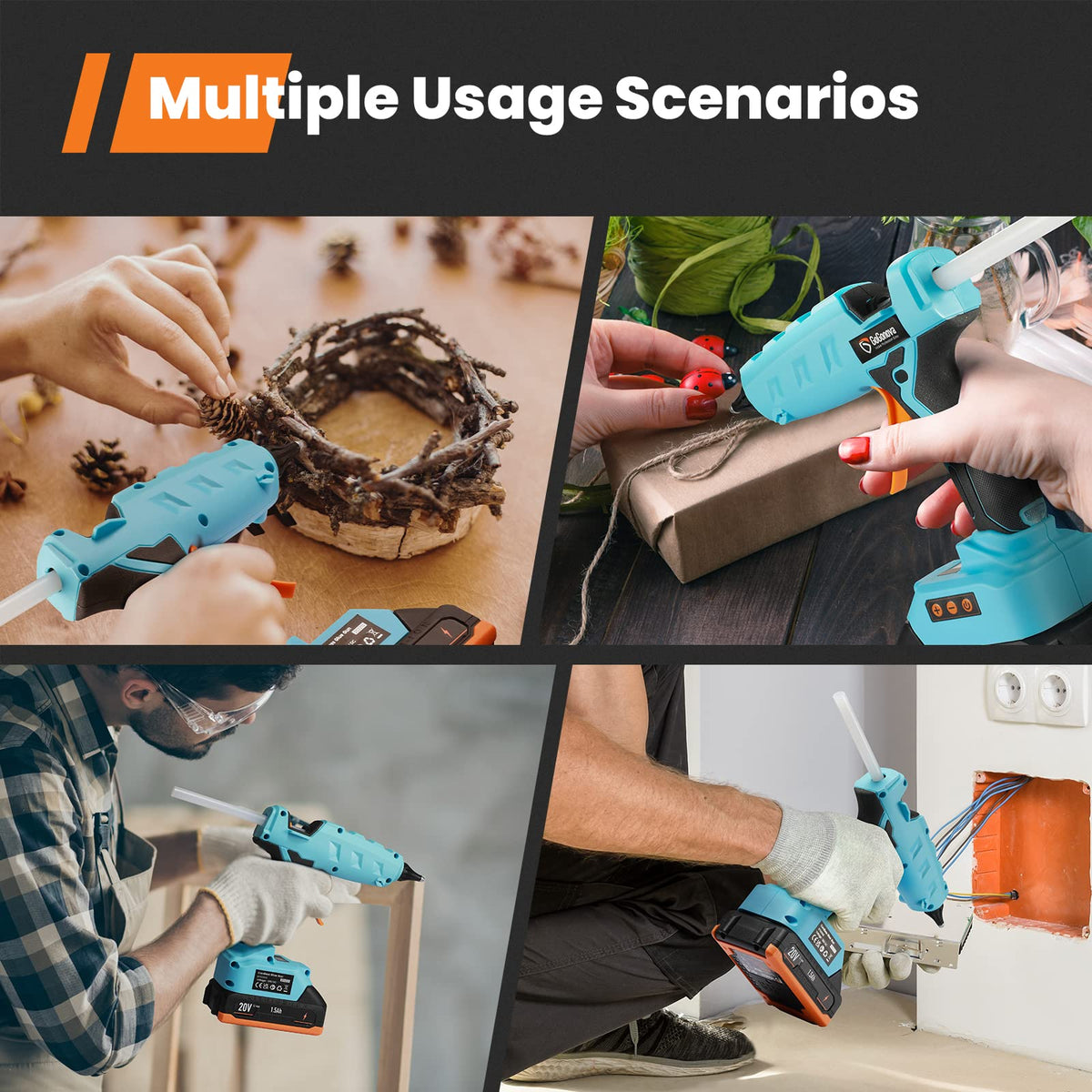 Full Size Cordless Glue Gun, GoGonova 20V Temp Adjust LCD Digital Display Fast Heating Accurate Dual Temp, Dripless Full Size Heavy Duty Hot Gun Kit with 12 Pcs Sticks (Battery Included)