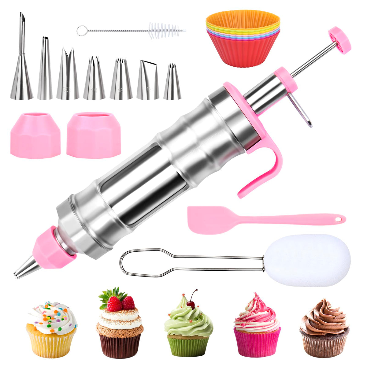 FACIACC Dessert Decorating Syringe Set, Stainless Frosting Piping Kit with 7 Piping Tips & 7 Silicone Cupcakes, Dessert Making Tools for Baking Cupcakes, Cookies & Pastries
