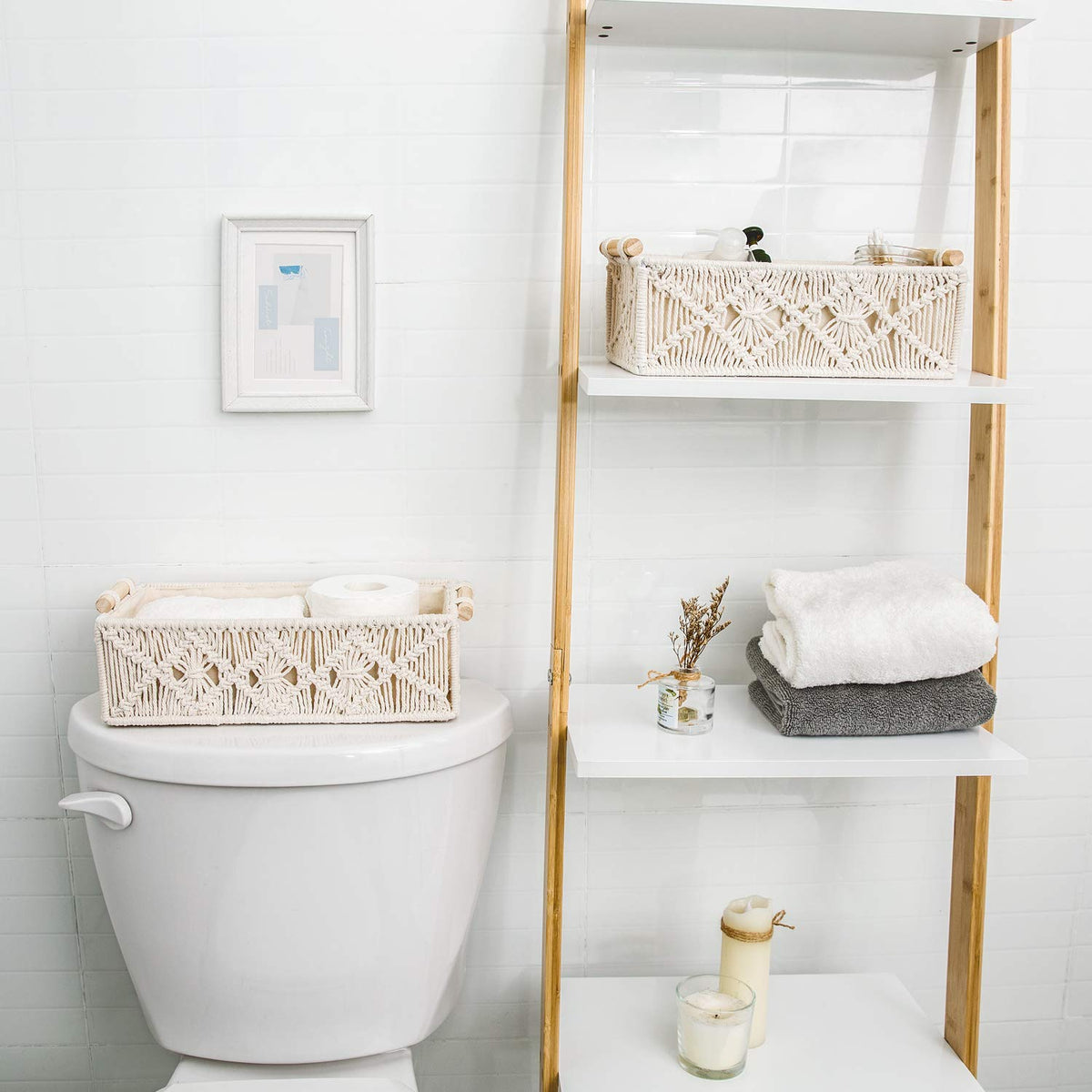 Mkono Macrame Storage Baskets Boho Decor Box Handmade Woven Decorative Countertop Toilet Tank Shelf Cabinet Organizer for Bedroom Livingroom Home, Set of 2, Ivory