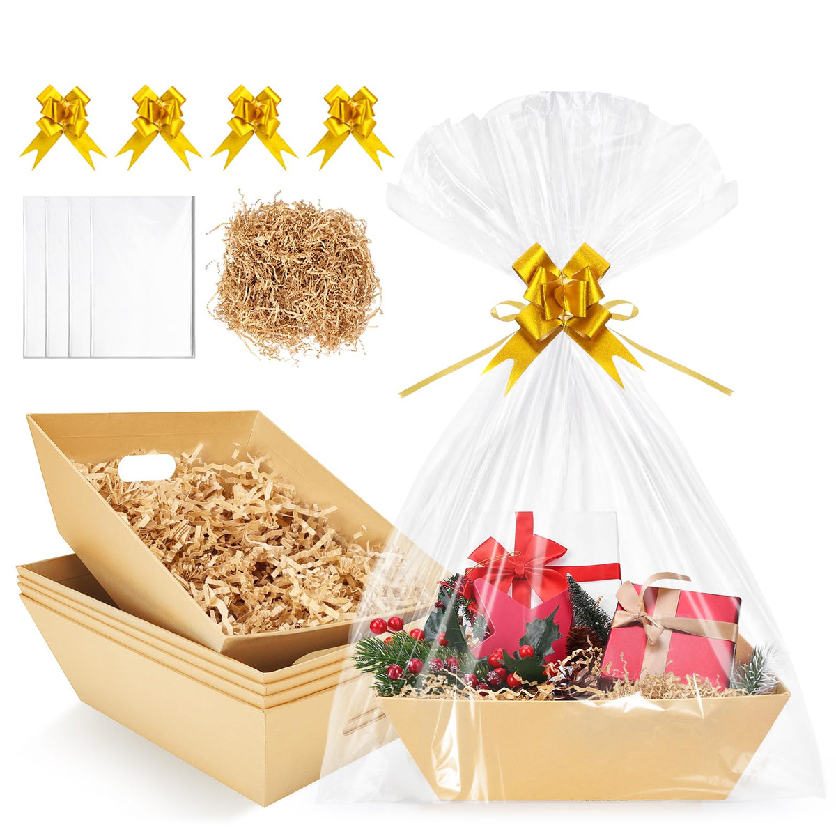 EVELOMO 5 Pack Empty Gift Baskets to Fill - 12" x 10" Large Baskets for Gifts Empty, Sturdy DIY Gifts Baskets Sets with 200g Crinkle Cut Papers for Birthdays Weddings Parties and Holidays (Kraft)