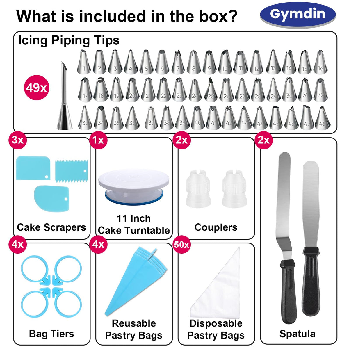 Gymdin 222 PCS Cake Decorating Kit - Includes Cake Turntable, Leveler, Piping Bags and Tips Set, 2 Frosting Spatulas, 3 Scrapers, 100 Cupcake Liners, Booklet and more Decorating Supplies