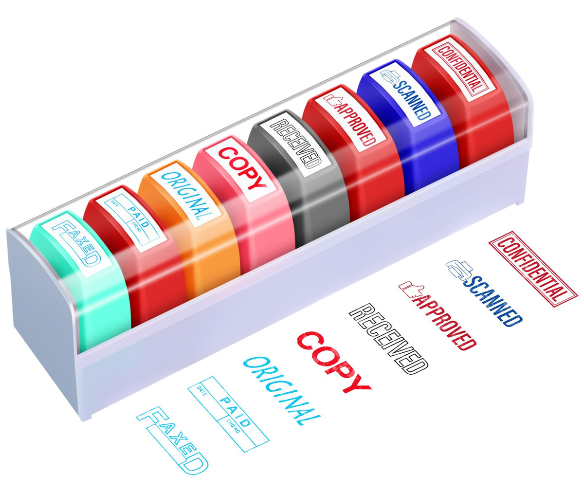 Crtiin 8 Pcs Office Stamp Set - Approved, Paid, Copy, Faxed, Scanned, Confidential, Received, Original - Self Inking Rubber Stamps Plastic, Rectangular for Business(Style 1,Mixed Colors)