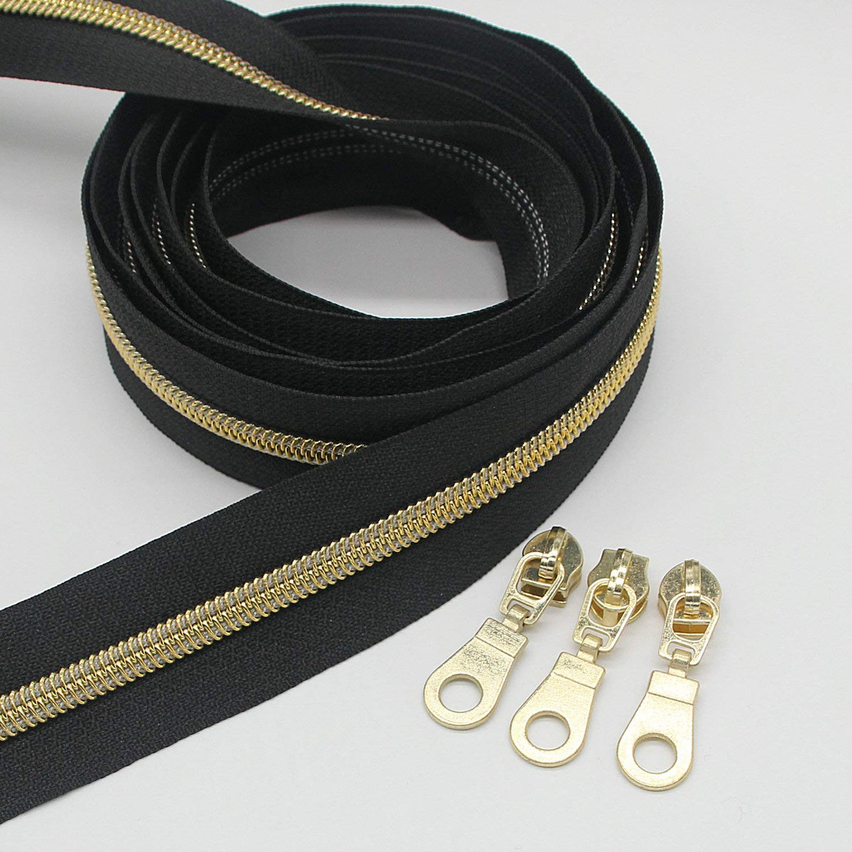Leekayer #5 Gold Metallic Nylon Coil Zippers by The Yard Bulk 10 Yards Black Tape with 25pcs Gold Sliders for DIY Sewing Tailor Craft Bag(Black)