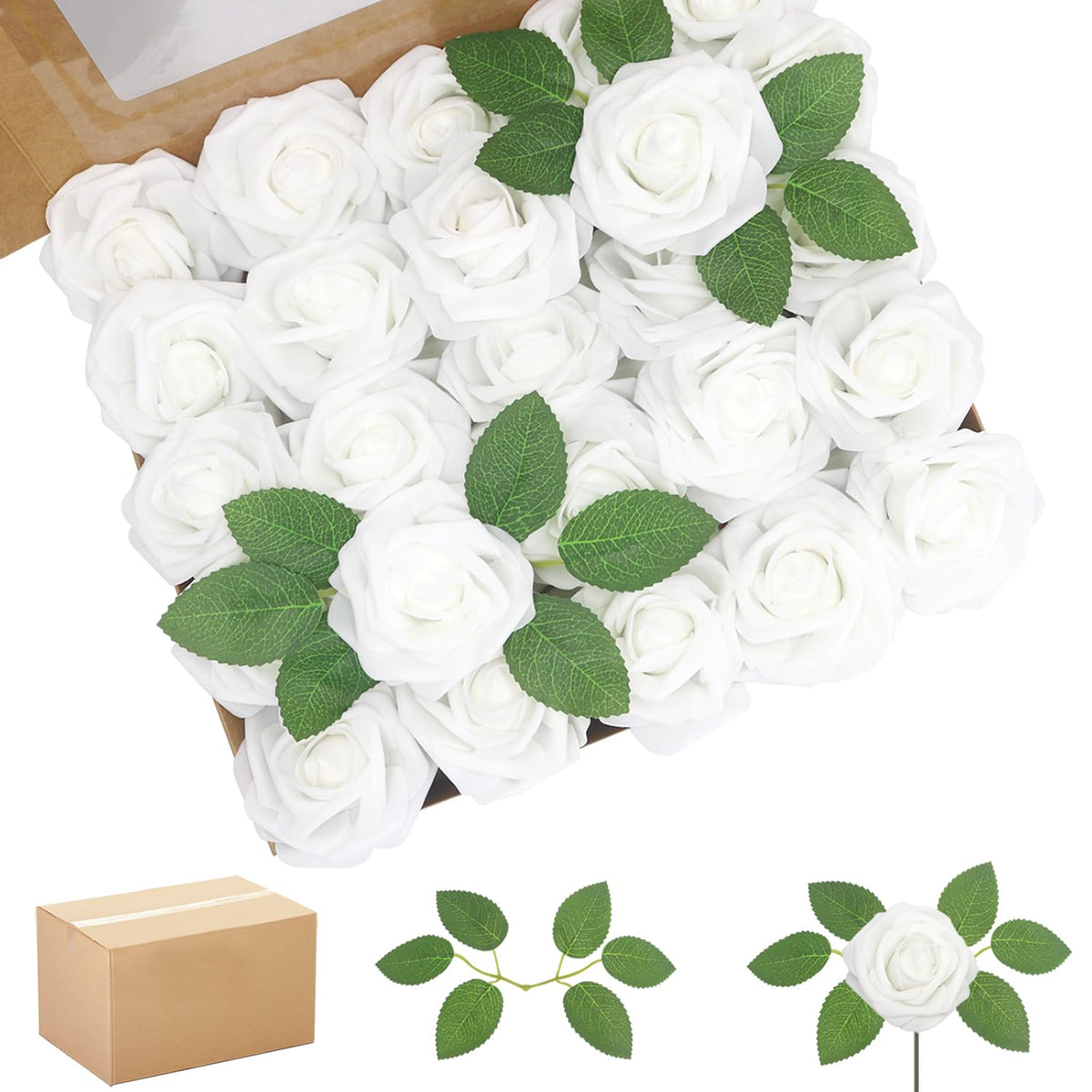 WANTMAZOR 200PCS Artificial Flowers White Roses Real Looking Foam Fake Roses with Leaves and for DIY Wedding Bouquets Bridal Shower Centerpieces Party Decorations (White, 200)